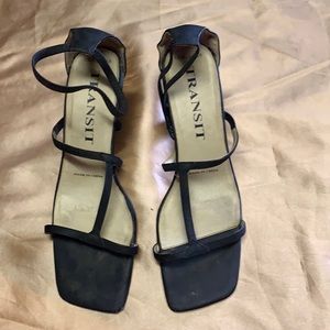 Black satin ankle strap sandal heel 1.5” heel